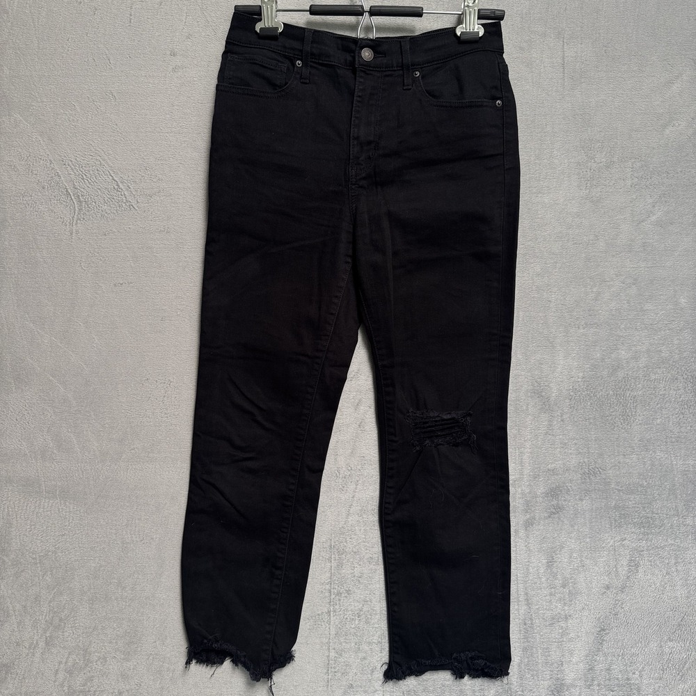Levis 724 High Rise Straight Crop Jeans Womens 28 Black Distressed Raw Hem